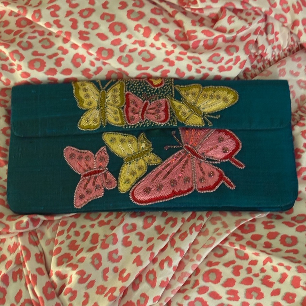 Embroidered Butterfly Clutch - Teal, Pink, Yellow